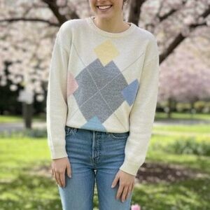 Vintage Lambswool Blend Sweater Pastel Diamond Pullover Cottagecore Preppy